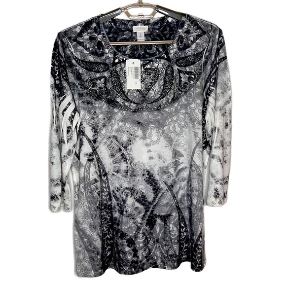 Chico’s top Size 2 Bohemian look. Black & Ivory 3/4 sleeves. Embellishments - Picture 1 of 5